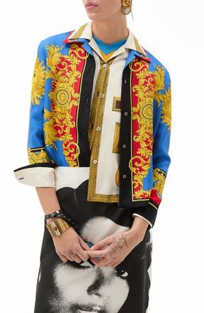 Versace Barocco Print Silk Twill Bowling Shirt in Blue Gold at Nordstrom, Size 6 Us