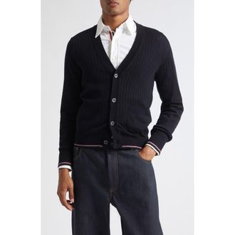 Thom Browne Rib Stitch Stretch Wool V-Neck Cardigan in Navy at Nordstrom, Size 5