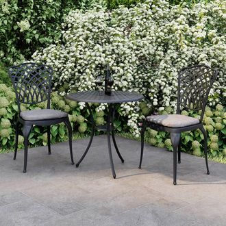 Charles Bentley Cast Aluminium Bistro Table & 2 Chairs Set Black Outdoor Table in Grey