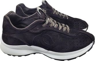 Chanel Black Suede Low Top Logo Sneakers Size 36.5