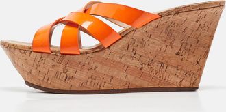 Casadei Orange Patent Leather Cork Platform Wedge Slide Sandals
