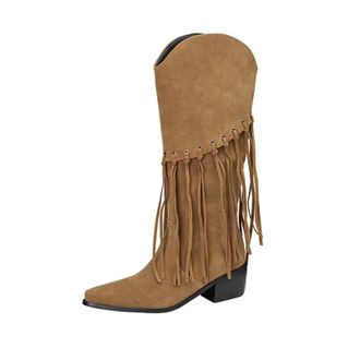Generic Womens Western Fringe Knee High Boots Pointed Toe Faux Suede Chunky Block Heels Studded Cowboy Style Non Slip Comfortable Durable Daily Party,Khaki,8.