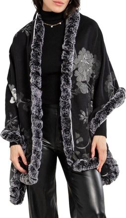 Saachi Floral Reversible Scarf with Faux Fur Trim in Black at Nordstrom Rack