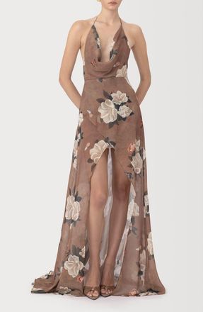 Sau Lee Cairo Floral Plunge Halter Neck Gown in Desert Taupe at Nordstrom, Size 14