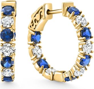 Pompeii3 4 1/2Ct Blue Sapphire & Diamond Hoops White or Yellow Gold Lab Grown 1 Tall
