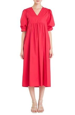 English Factory Puff Sleeve Bow Tie Midi Dress in Red at Nordstrom Rack, Size X-Small