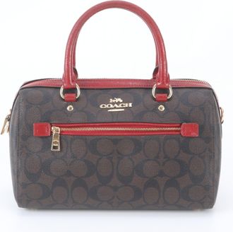 Coach Dark Brown Leather Coated Canvas Boston Bag Handbag Tote Bag (Pre-Owned)