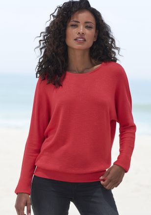 Vivance Langarmshirt VIVANCE mit breitem Bund, Damen, Gr. 32/34, rot (korallenrot), Feinstrick, Obermaterial: 55% Polyester (REPREVE), 43% Viskose, 2% Elastha