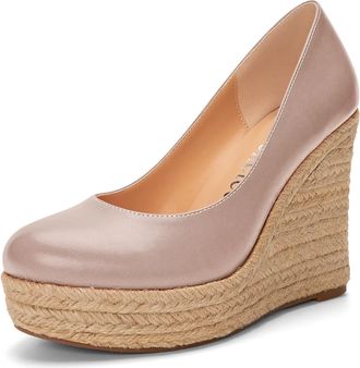 Castamere Women High Heel Wedge Platform Round Toe Pumps Court Shoe Slip-on Classic Cute Office Shoes Beige 5 UK