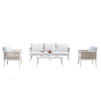 Pondecor Interiorismo Set miramar 4 piezas alum blanco-tela cojines blanca-cuerdas beige