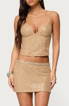 Edikted Jenny Beaded Mesh Crop Camisole in Beige at Nordstrom, Size X-Small