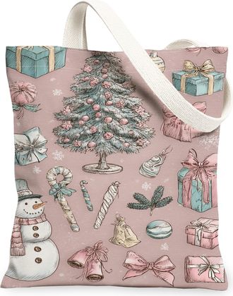 Generic Christmas Vintage Artistic Canvas Tote Bags, Holiday Tree Design Reusable Grocery Bags, Lightweight Washable Canvas for Sho, Peach, 13x15 Inch