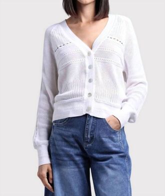 Minnie Rose Cotton Cashmere Pointelle Mix V Neck Cardigan In White