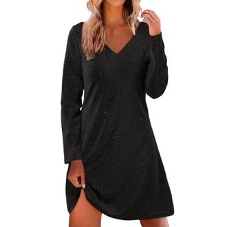 Generic Womens Elegant V-Neck Long Sleeve Sequin Evening Gown - Sparkling Night Out Party Dress for Wedding Guest, Christmas Party, Prom, Formal Occasions and