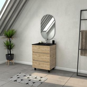 Aurlane Mueble de baño 60cm con 3 cajones aspecto Roble Natural + lavabo negro y espejo ovalado