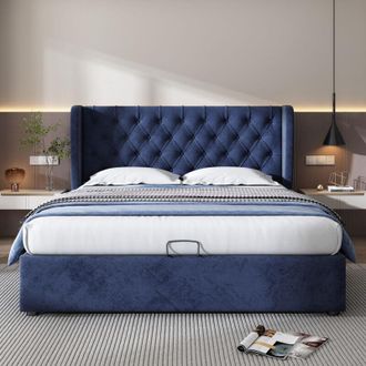 C&A Blue Velvet Upholstered Hydraulic Storage Bed,135x190cm,Mattress Not Included