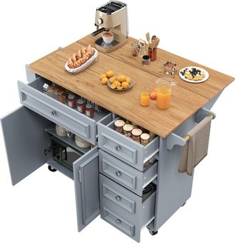 STILVORA Carrello Da Cucina Con Cassetti E Ripiani Regolabili, Piano Ribaltabile, Per Cucina, In Mdf, Azzurro
