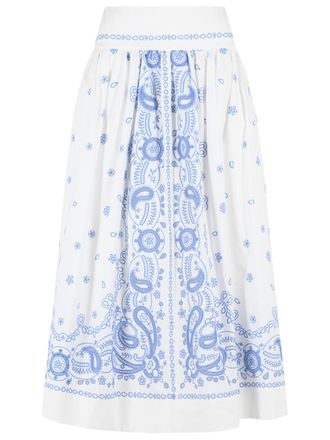 Self Portrait Embroidered Midi Skirt In White And Blue Cotton
