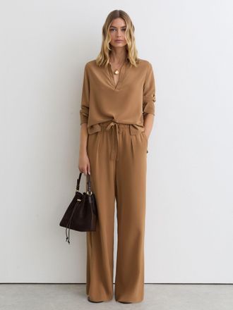 Reiss Camel Matte-silk Wide-leg Trousers, 14R