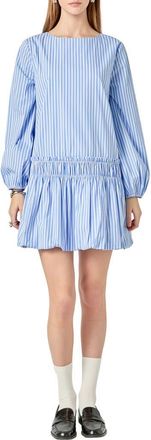 English Factory Stripe Long Sleeve Cotton Blend Minidress in Powder Blue at Nordstrom, Size X-Small