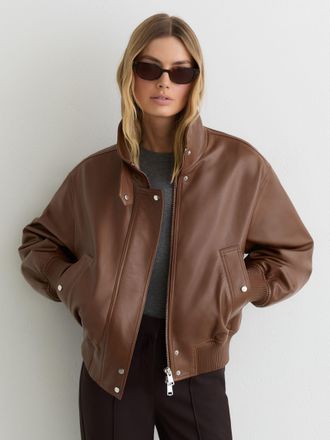 Reiss Chestnut Brown Petite Leather Funnel-neck Bomber Jacket, 16
