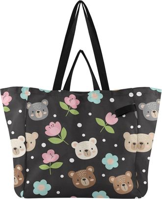 Generic Bear Flower Black pattern Reusable Canvas Tote Bag, Heavy Duty Grocery Shopping Bag with Hard Bottom Large Capacity Double Handles Work Groceries Trav