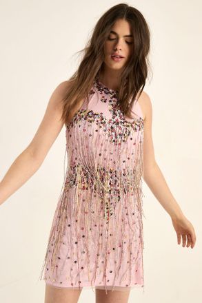 NASTY GAL Womens Embellished Sequin Tassel Festival Mini Dress - Nude - Size 10 UK