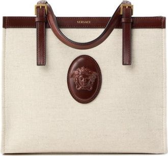 Versace Small Rivi&egrave;re Canvas Tote in Beige Palisandro Gold at Nordstrom