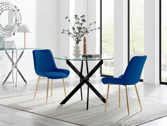 Furniturebox Novara 100cm Round Black Leg Dining Table & 2 Pesaro Gold Leg Chairs in Navy