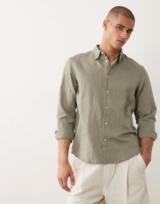 Selected Camicia a maniche lunghe in misto lino verde