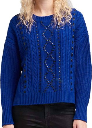DKNY Faux Leather Cable Knit Sweater In Blue