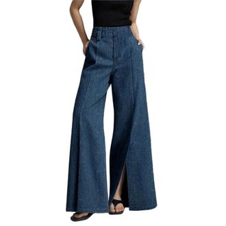 Generic Womens Straight Jeans Retro Slit Hem High Waist Pocket Casual Wide Leg Denim Pants