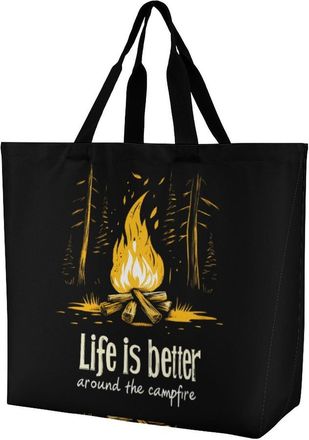 Generic Life Is Better Around The Campfire Large Reusable Shopping Bag Lightweight Foldable Tote Bags Washable Shoulder Handbag
