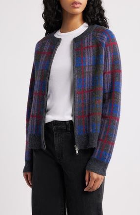 Damson Madder Minah Brushed Check Merino Wool Zip Cardigan in Grey Multi at Nordstrom, Size 2 Us