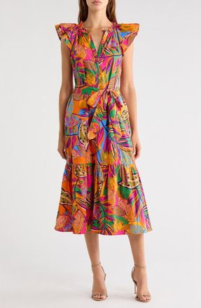 Sugarlips Milana Tropical Print Tiered Cotton Midi Dress in Orange-Pinks-Multi at Nordstrom, Size X-Small
