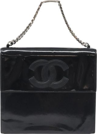 Chanel Vintage Cc Box Flap Bag Patent Leather Black Patent_Leather Bag (Pre-Owned)