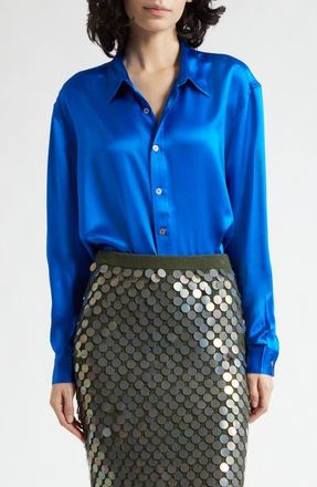 Zankov Jimmy Solid Silk Satin Button-Up Shirt in Cobalt at Nordstrom, Size X-Small