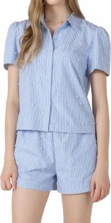 Dex Clothing Seaside Pearl Puff Sleeve Blouse In Blue