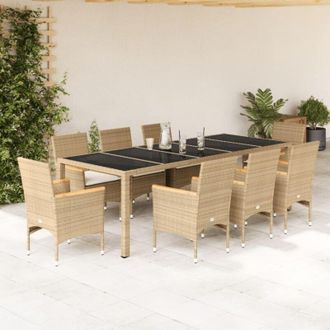 vidaXL Set Comedor Jard&iacute;n 9 Pzas Cojines Rat&aacute;n Sint&eacute;tico Vidrio Beige Vidaxl