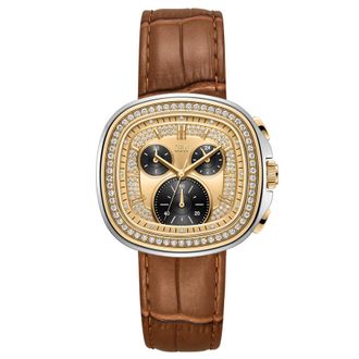 JBW Coast Leather Chronograph GMT Quartz Diamond Gold Dial Mens Watch J6415B