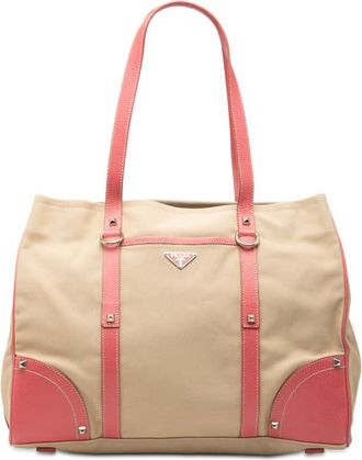 Prada Pre-owned Prada Studded Leather Trimmed Canvas Front Pocket Tote 7STAYY96SAVZ2ARL