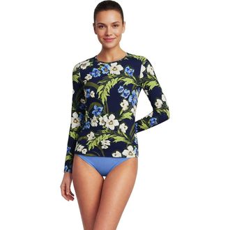 Lands End Plus Size Crew Neck Long Sleeve Rash Guard UPF 50 Sun Protection Swim Tee in Deep Sea/blue Floral Tropic at Nordstrom, Size X-Small P