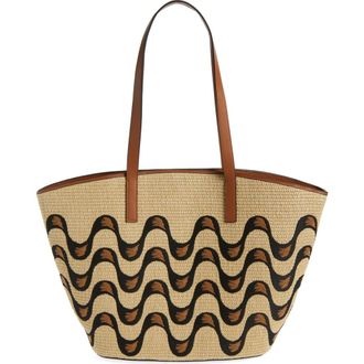 Farm Rio Large Embroidered Raffia Basket Tote in Natural Raffia And Black at Nordstrom
