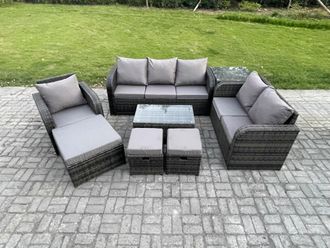 Fimous Outdoor Garden Furniture Sets 8 Pieces Wicker Rattan Furniture Sofa Sets with Rectangular Coffee Table Loveseat Sofa 3 Footstools in Dark Grey