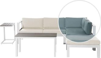 Beliani Conjunto De Sala De Estar 5 Plazas De Metal Blanco Madera Clara Beige Verde Menta Cojines Mesa Messina