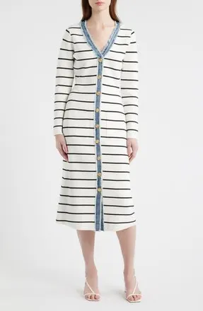 ZOE AND CLAIRE Stripe Long Sleeve Sweater Dress in Ivory Denim at Nordstrom Rack, Size X-Large