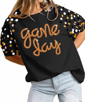Bibi Game Day Metallic Letter Spangle Sleeve Top In Black/gold