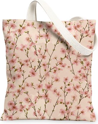 Generic Floral Canvas Tote Bags, Elegant Flower Pattern Reusable Grocery Bags, Spring Vintage Lightweight Washable Shoulder Strap C, Peach, 13x15 Inch
