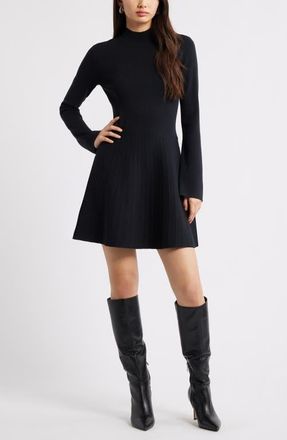 Open Edit Mock Neck Long Sleeve Sweater Dress in Black at Nordstrom, Size Xx-Small