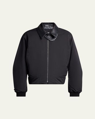Bottega Veneta Mens Leather Intrecciato-Collar Nylon Blouson